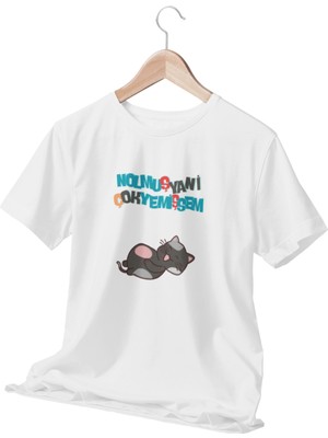Qoeuyl Boutique Nolmuş Çok Yemişsem Yani-Kedi Temalı Beyaz  T-Shirt