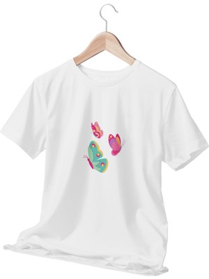 Qoeuyl Boutique Uçan Kelebekler Baskılı Beyaz Kadın T-Shirt