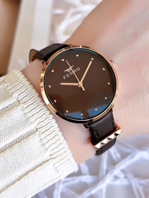 Ferro Deri Kordonlu Kararma Renk Atmaz 30 Metre Suya Dayanıklı Özel Tasarım Kadın Kol Saati 2108B-S6