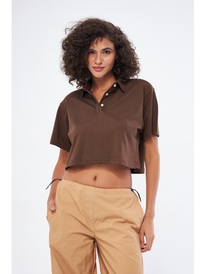 Mesfeno Clothing Mesfeno Kadın Basic Oversize Fit, %100 Pamuk Crop Polo Yaka T-Shirt