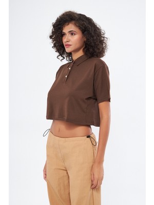 Mesfeno Clothing Mesfeno Kadın Basic Oversize Fit, %100 Pamuk Crop Polo Yaka T-Shirt