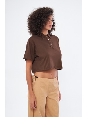 Mesfeno Clothing Mesfeno Kadın Basic Oversize Fit, %100 Pamuk Crop Polo Yaka T-Shirt