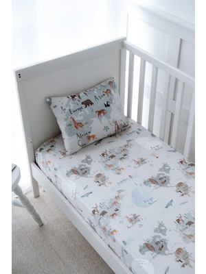 Nou Hayvan Haritası  Bebek Lastikli Çarşaf Seti (90X190+20) - Animal Map