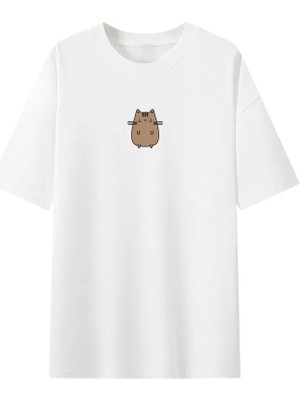 Tabby Design Kahverengi Sevimli Kedi Oversize Unisex Tshirt