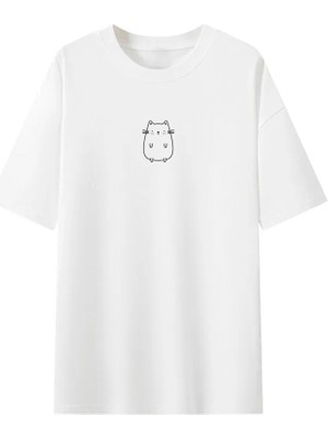 Tabby Design Beyaz Sevimli Kedi Oversize Unisex Tshirt