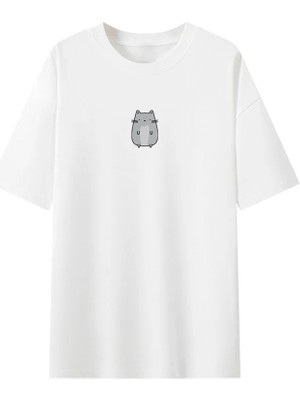 Tabby Design Gri Sevimli Kedi Oversize Unisex Tshirt