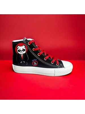 Amazoon Desing Kırmızı Panda Baskılı Siyah Keten Erkek Çocuk Spor Ayakkabı Sneaker