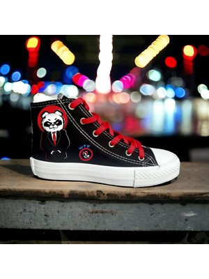 Amazoon Desing Kırmızı Panda Baskılı Siyah Keten Erkek Çocuk Spor Ayakkabı Sneaker