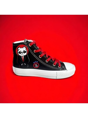 Amazoon Desing Kırmızı Panda Baskılı Siyah Keten Erkek Çocuk Spor Ayakkabı Sneaker