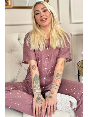 Pijama Evi Koyu Pembe Mini Yıldız Desenli Bambu Önden Düğmeli Kısa Kol Pijama Takımı