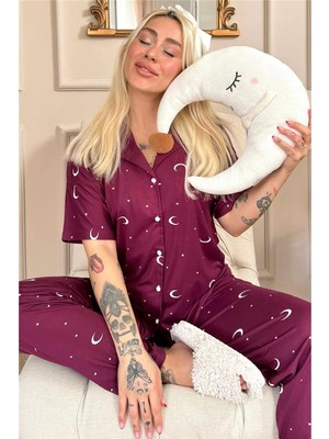 Pijama Evi Mürdüm Moon Star Desenli Bambu Önden Düğmeli Kısa Kol Pijama Takımı