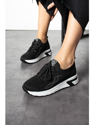 Shoetek Luminita Kadın Sneakers  Bağcıklı Triko Dokumalı Yandan Taşlı Spor Ayakkabı Siyah