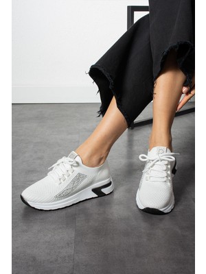 Shoetek Luminita Kadın Sneakers  Bağcıklı Triko Dokumalı Yandan Taşlı Spor Ayakkabı Beyaz