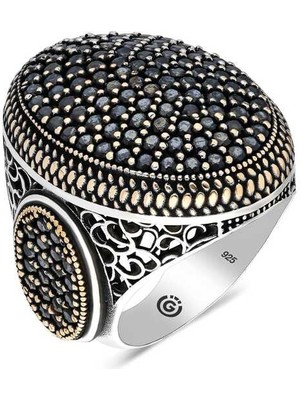 Gumush Gümüş Siyah Zirkon Taşlı Oval Erkek Yüzük