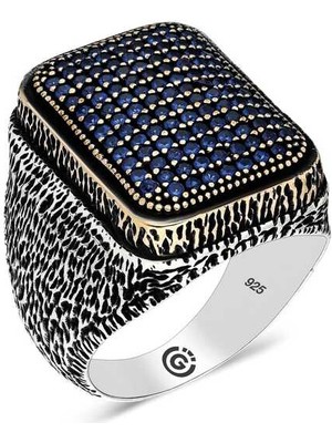 Gumush Gümüş Lacivert Zirkon Taşlı Kare Erkek Yüzük