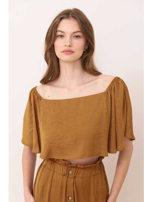 ROMAN Kayık Yaka Saten Crop Bluz Bal Y2413013_225