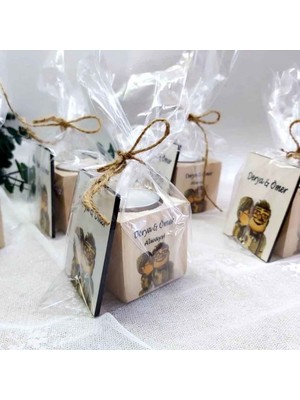 Hayaller Dükkanı 30 Adet Ahşap Mumluk Nikah Şekeri Yaşlı Çift Uv Baskılı Kalp ve Manget Set