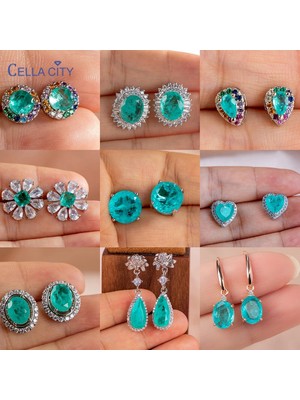 Mingjin Shop2 20-1-Ce2-Paraiba Cellacity % Terling Gümüş Saplama Küpe Paraiba Turmalin Taş Düğün Parti Gümüş Güzel Takı Hediye (Yurt Dışından)