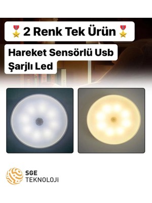 Sge Teknoloji 16 LED 2 RENK 5 MODLU BEYAZ VE GÜN IŞIĞI Hareket Sensörlü type-c şarjlı Led Lamba Koridor Dolap İçi.