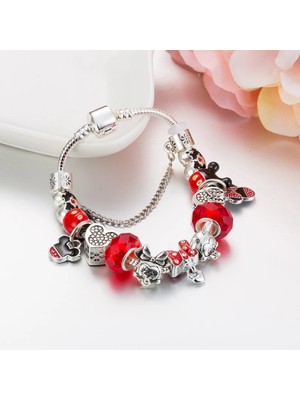 Mingjin Shop 1 20CM Tarzı B21021 Karikatür Mickey ve Minnie Charm Bilezik Kadın Kızlar Için Kırmızı Kristal Boncuklar Bilezik Femme Annapaer Takı Pulseras Mujer (Yurt Dışından)