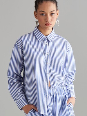 Rivus Çizgili Düşük Omuz Oversize Gömlek - Mavi Çizgili