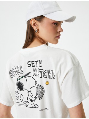 Koton Snoopy Crop Tişört Arkası Baskılı Tenis Temalı Lisanslı Kısa Kollu Bisiklet Yaka