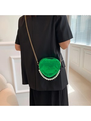 Qiuming Shop Gümüş Tarzı Kadın Kalıpçı Çanta Pu Deri Aşk Kalp Zincir Çanta Moda Crossbody Çanta Düz Renk Bayanlar Askılı Çanta Inci Tote (Yurt Dışından)