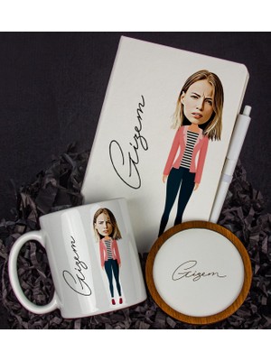 Ejoya Kişiye Özel Karikatür Tasarım Defter Kalem Kupa ve Bardak Altlığı Hediye Seti 96186