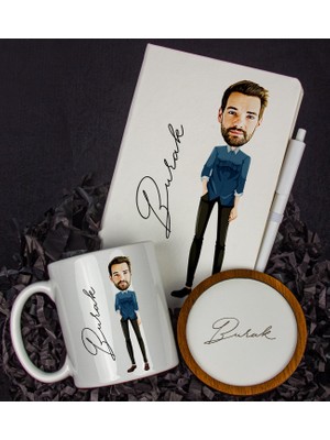 Ejoya Kişiye Özel Karikatür Tasarım Defter Kalem Kupa ve Bardak Altlığı Hediye Seti 96260