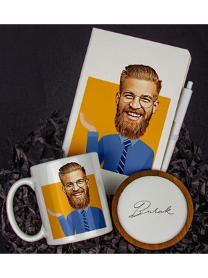 Ejoya Kişiye Özel Karikatür Tasarım Defter Kalem Kupa ve Bardak Altlığı Hediye Seti 96200