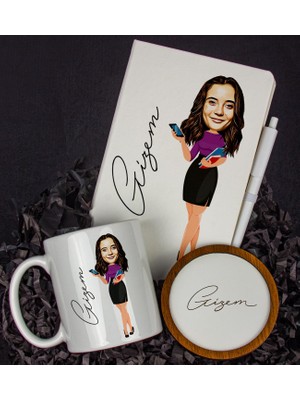 Ejoya Kişiye Özel Karikatür Tasarım Defter Kalem Kupa ve Bardak Altlığı Hediye Seti 96298