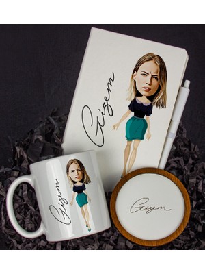 Ejoya Kişiye Özel Karikatür Tasarım Defter Kalem Kupa ve Bardak Altlığı Hediye Seti 96266