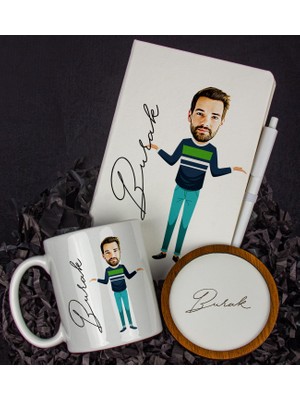 Ejoya Kişiye Özel Karikatür Tasarım Defter Kalem Kupa ve Bardak Altlığı Hediye Seti 96160