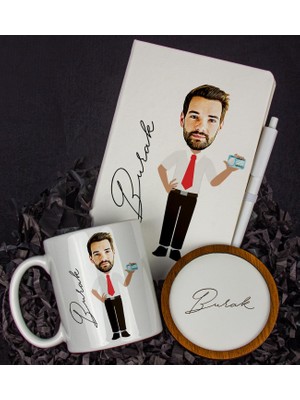 Ejoya Kişiye Özel Karikatür Tasarım Defter Kalem Kupa ve Bardak Altlığı Hediye Seti 96309