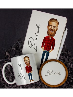 Ejoya Kişiye Özel Karikatür Tasarım Defter Kalem Kupa ve Bardak Altlığı Hediye Seti 96217