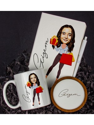 Ejoya Kişiye Özel Karikatür Tasarım Defter Kalem Kupa ve Bardak Altlığı Hediye Seti 96320