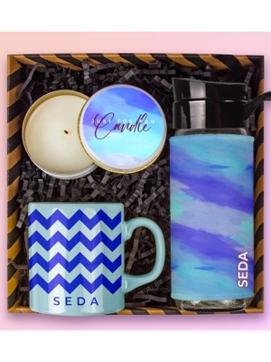 Ejoya Kişiye Özel Konsept Renkli Kupa Bardak & Kişiye Özel Matara & Mum Hediye Kutusu 110886