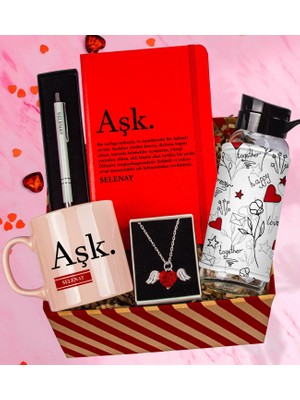 Ejoya Sevgiliye Özel "aşk" Tasarım Defter & Kalem & Matara & Kupa & Kristal Taşlı Melek Kanatları Kolye Hediye Kutusu 112803