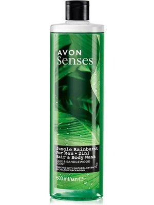 Avon Senses Jungle Rainburst Adaçayı ve Sandal Ağacı Kokulu Erkek Saç ve Vücut Şampuanı 500 ml Doğal Özlerle Zenginleştirilmiş