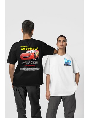 Swozz Unisex Siyah Beyaz I'm Sally ve Şimşek Mcqueen Cars Baskılı 2'li Sevgili Kombini Çift Tshirt 2 Adet