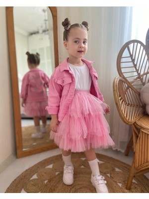 Yağmurun Butiği Nakış Işlemeli Kot Ceket Tütü Elbise Üçlü Kız Çocuk Kombin