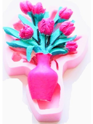 Morlalem Vazoda Lale Çiçek Demeti Aplik Silikon Kalıp K-776, Polyester Taş Tozu Alçı Kalıbı