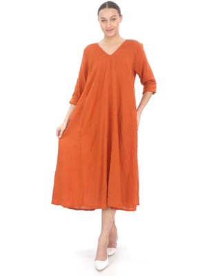 Bohem Stil Italyan V Yaka Uzun Kol Keten Elbise