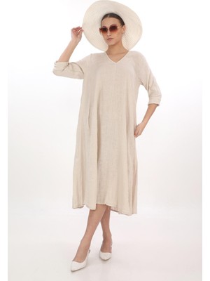 Bohem Stil Italyan V Yaka Uzun Kol Keten Elbise