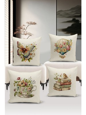 Bertille Home Flower/vintage Serisi Çift Tarafı Dijital Baskılı  4'lü Kırlent Kılıfı Seti  (Cushion Cover Set)