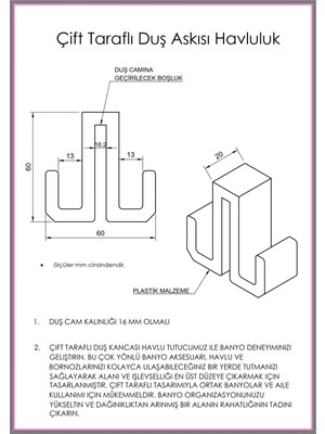 3 Boyutlu Hepsi Siyah Duşakabin Askısı - Siyah Havlu Askılık - Çift Taraflı Havluluk - 16 mm Cam Kalınlığına Uygun