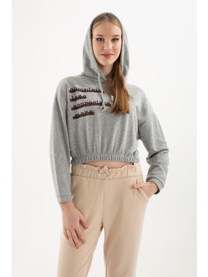 Fashion Friends Kapüşonlu Crop Sweatshirt Gri Melanj / Grey Melange