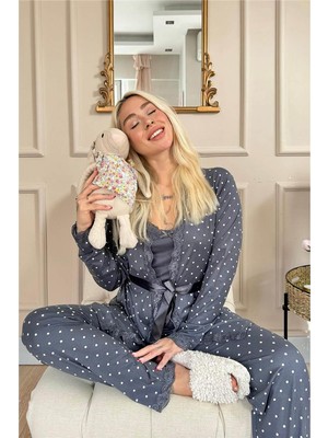 Pijama Evi Füme Mini Puan Desenli Bambu Sabahlıklı Kadın Pijama Takımı