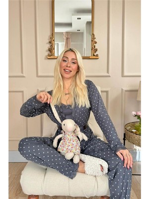 Pijama Evi Füme Mini Puan Desenli Bambu Sabahlıklı Kadın Pijama Takımı