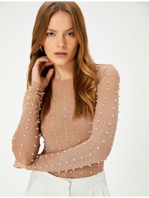 Koton Abiye Buluz Taşlı Inci Detaylı Uzun Kollu Bisiklet Yaka Slim Fit